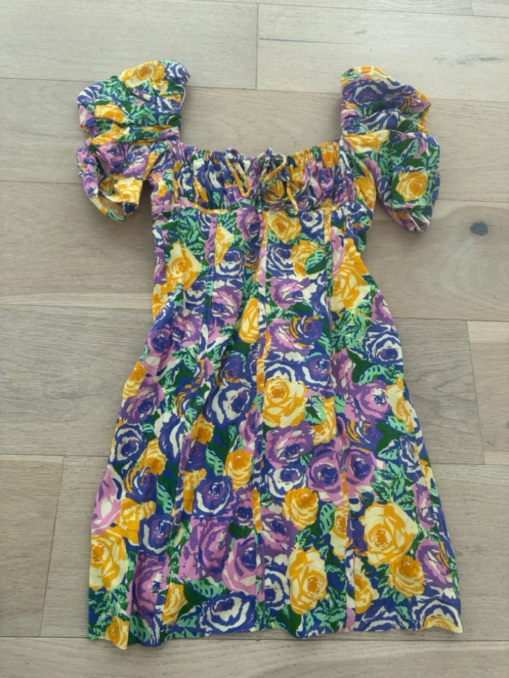 Zara  Floral Puff-Sleeve Dress in Yellow, Purple & Green